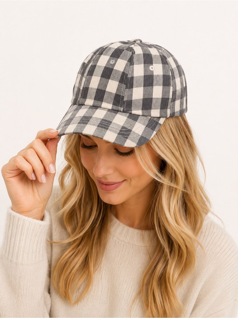 Women's Gray & White Plaid Baseball Cap